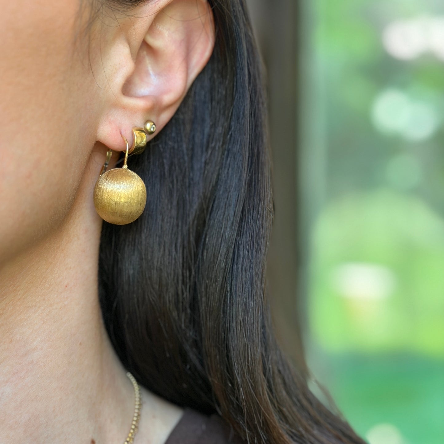 Estate 14KT Yellow Gold Matte 18mm Ball Lever Back Earrings
