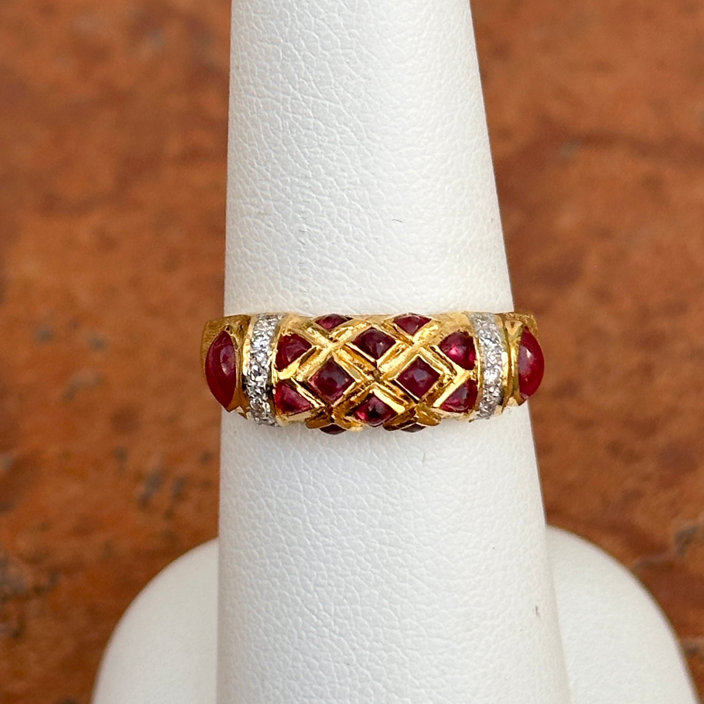 Estate 18KT Yellow Gold Matte Byzantine Ruby + Diamond Ring