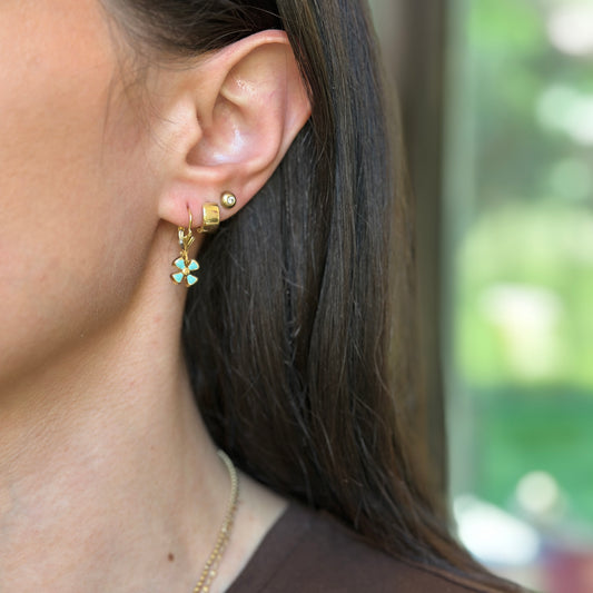 Estate 18KT Yellow Gold Enamel Blue Flower Lever Back Earrings