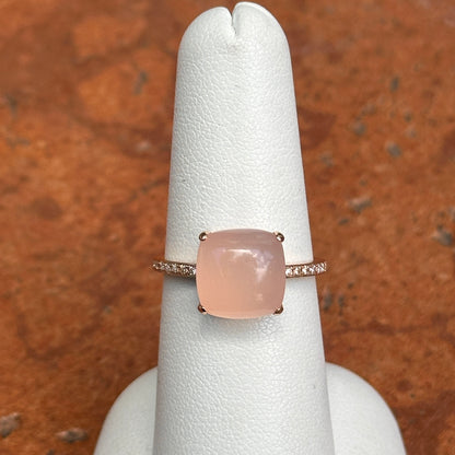 Estate 14KT Yellow Gold Cabochon Rose Quartz + Diamond Accent Ring