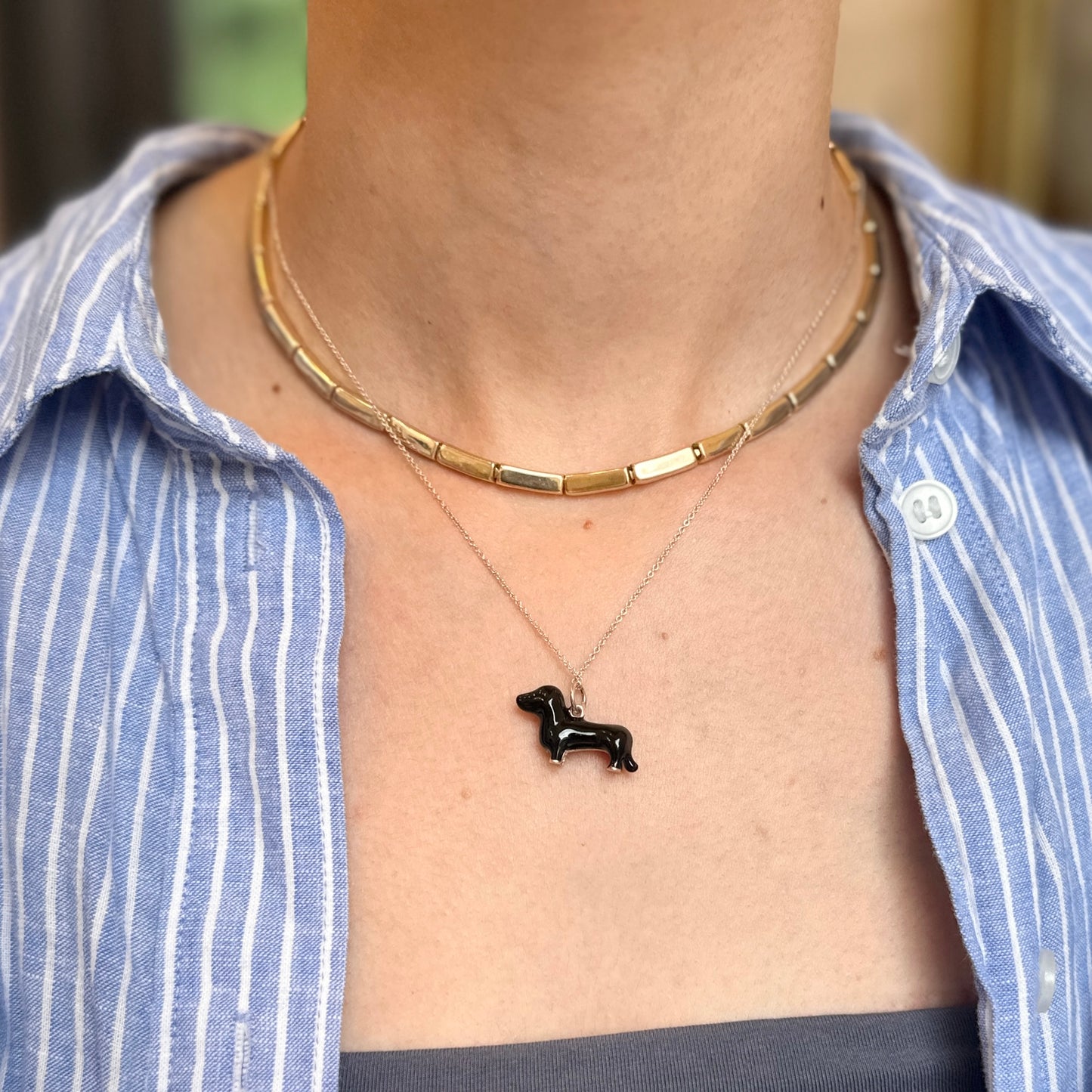Sterling Silver + Black Enamel Dachshund Dog Pendant Charm