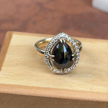 14KT Yellow Gold Paul Klecka Pear Black Diamond + White Diamond Halo Ring