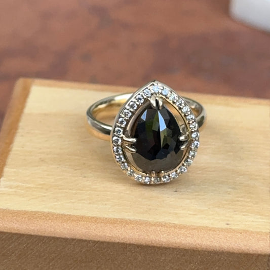 14KT Yellow Gold Paul Klecka Pear Black Diamond + White Diamond Halo Ring