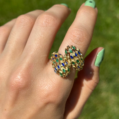 Estate Mid Century 14KT Yellow Gold Blue + Green Enamel Filigree Bypass Ring