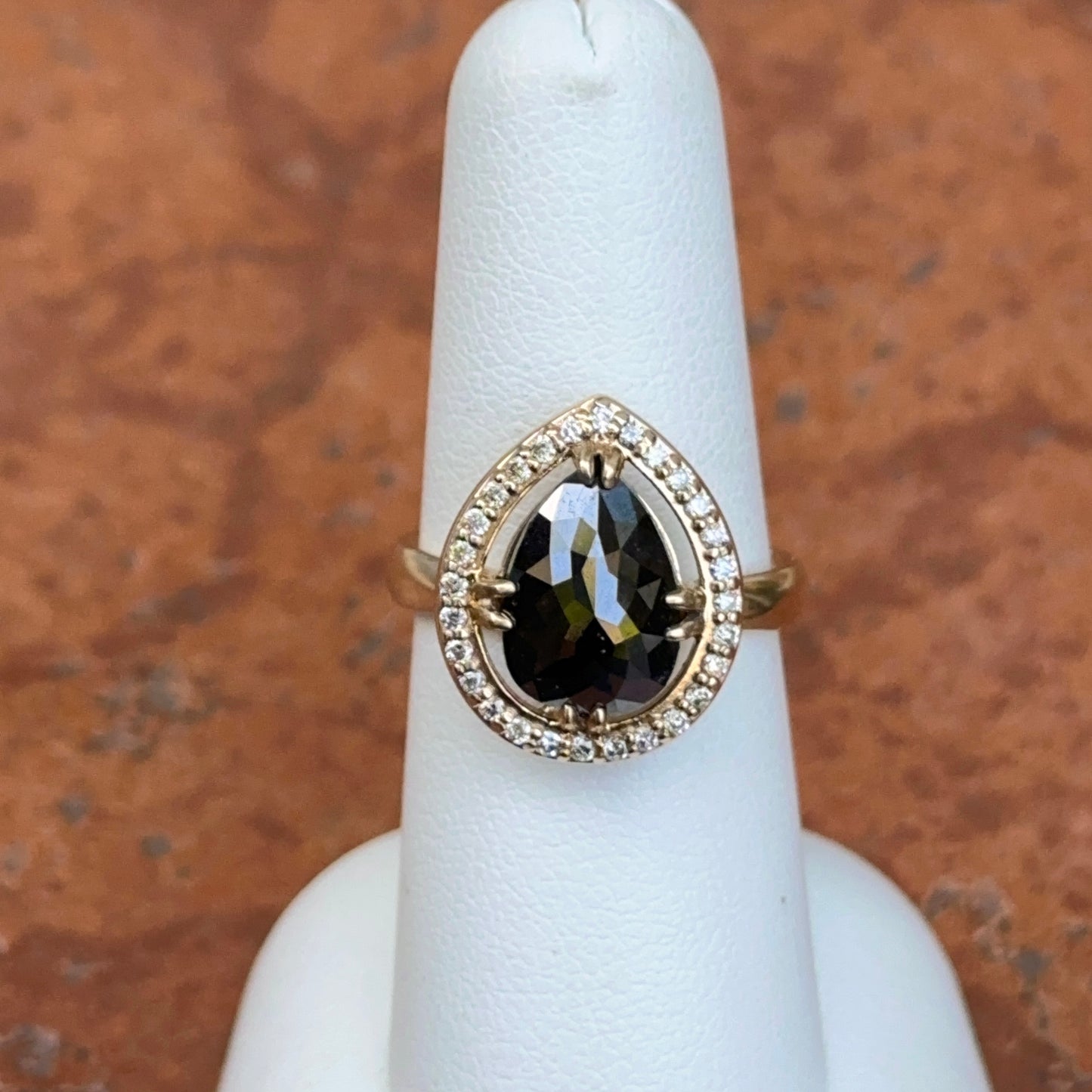 14KT Yellow Gold Paul Klecka Pear Black Diamond + White Diamond Halo Ring