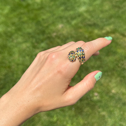 Estate Mid Century 14KT Yellow Gold Blue + Green Enamel Filigree Bypass Ring