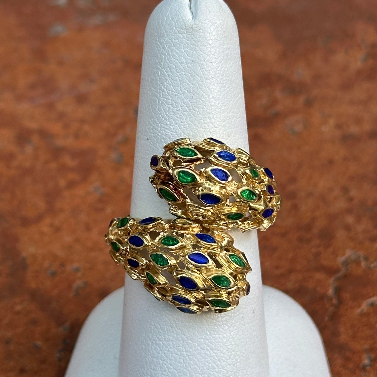 Estate Mid Century 14KT Yellow Gold Blue + Green Enamel Filigree Bypass Ring