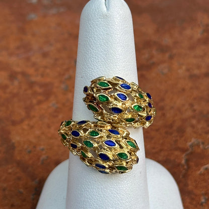 Estate Mid Century 14KT Yellow Gold Blue + Green Enamel Filigree Bypass Ring