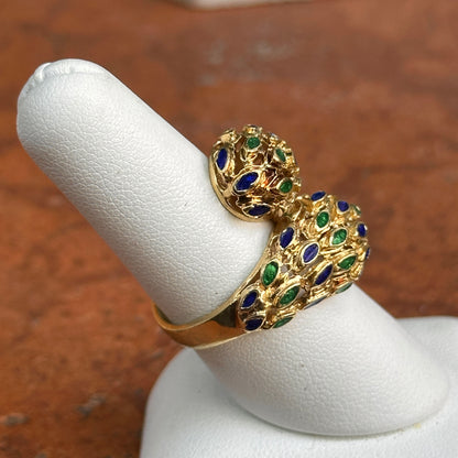 Estate Mid Century 14KT Yellow Gold Blue + Green Enamel Filigree Bypass Ring