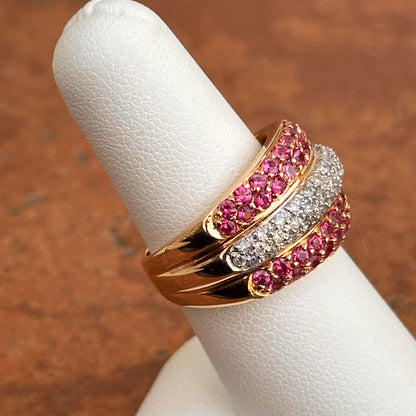 Estate 18KT Rose Gold Domed Pave Ruby + Diamond Ring