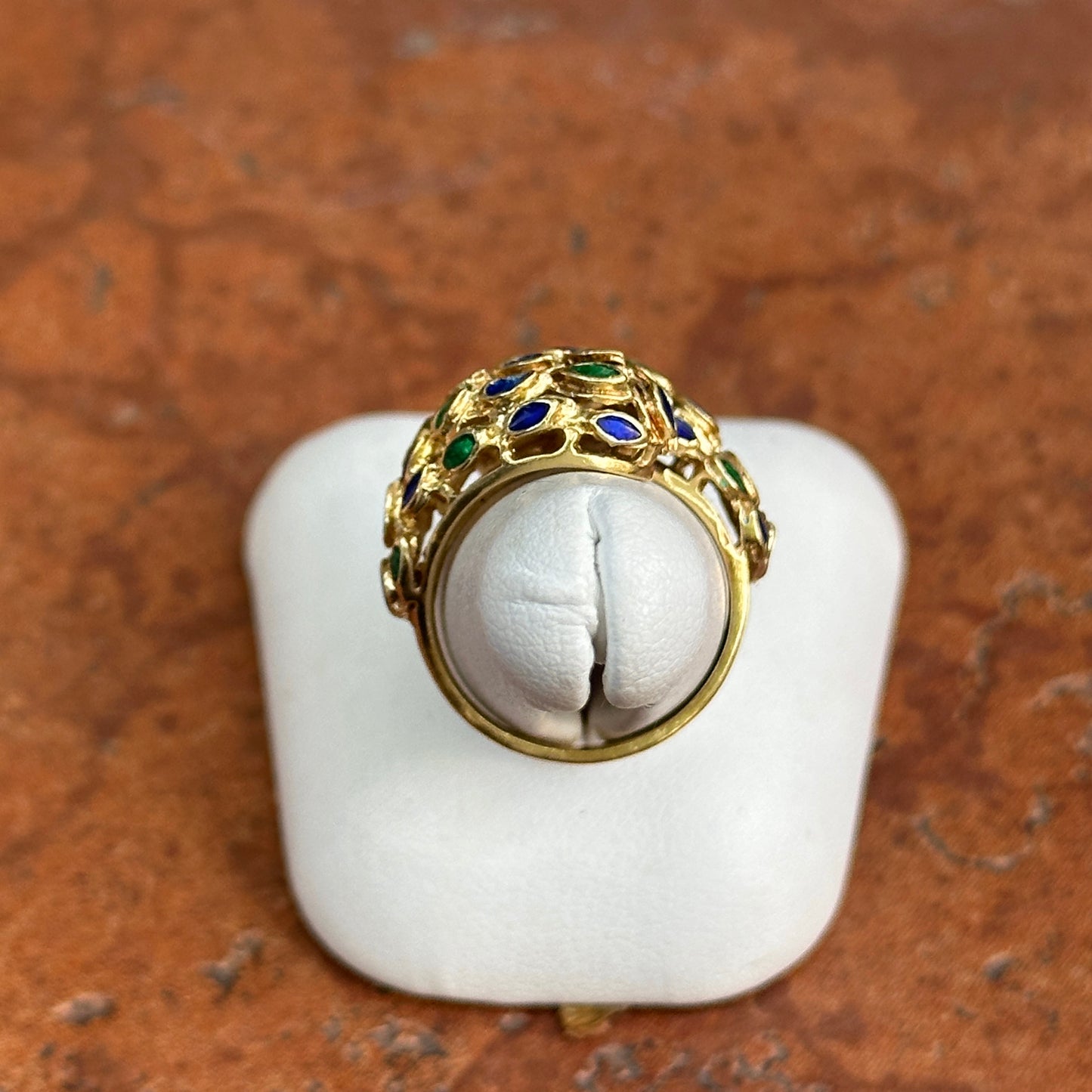 Estate Mid Century 14KT Yellow Gold Blue + Green Enamel Filigree Bypass Ring
