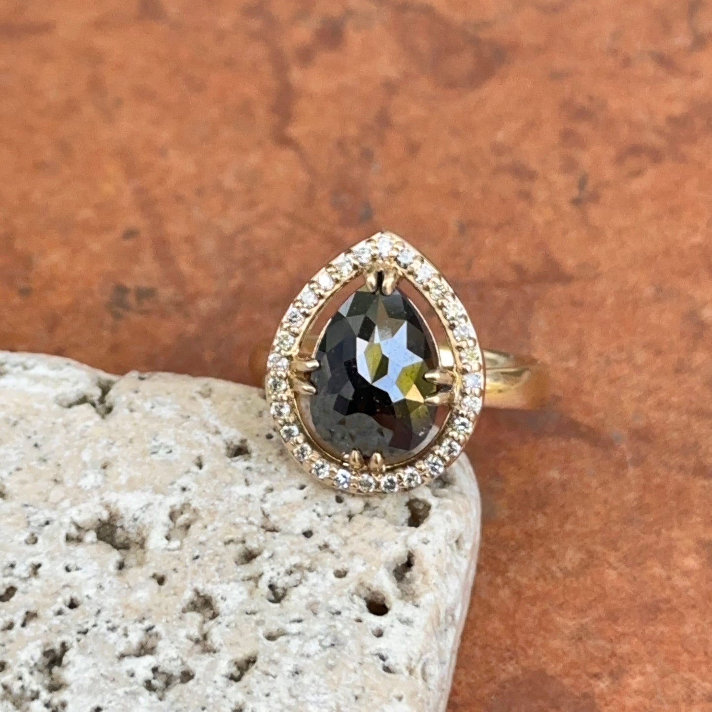 14KT Yellow Gold Paul Klecka Pear Black Diamond + White Diamond Halo Ring