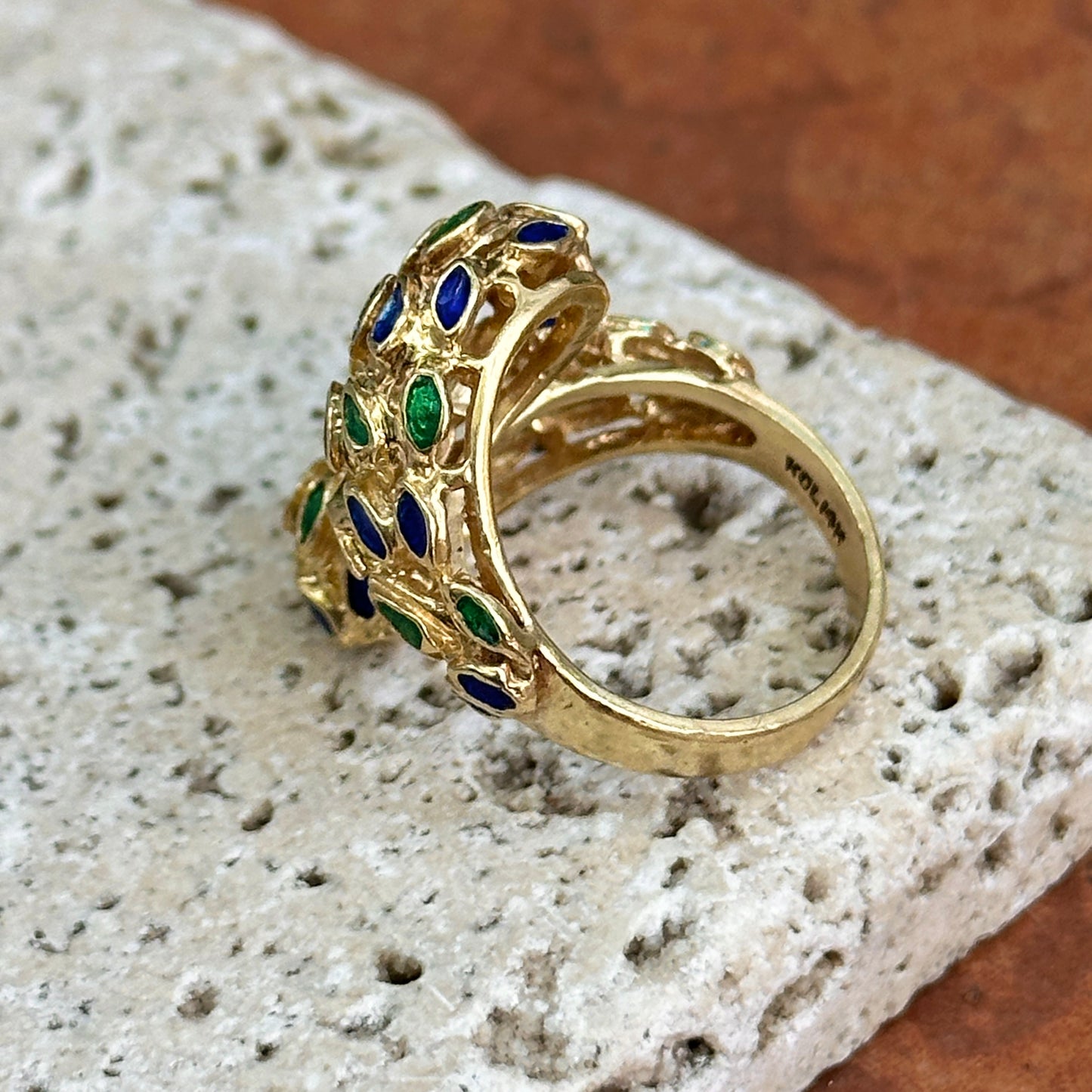 Estate Mid Century 14KT Yellow Gold Blue + Green Enamel Filigree Bypass Ring
