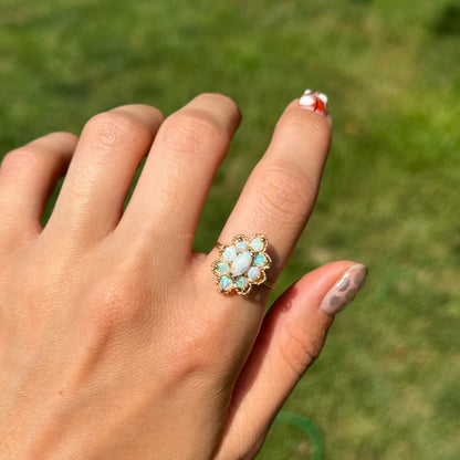 Estate 14KT Yellow Gold Marquise + Round Opal Ring