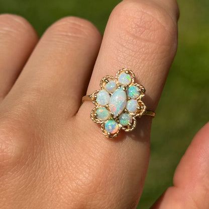 Estate 14KT Yellow Gold Marquise + Round Opal Ring