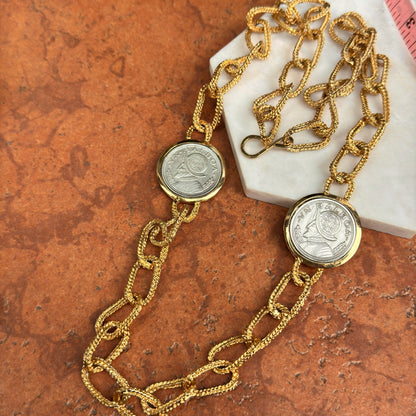 Estate Yellow Gold-Plated and Silver Tone Panama Balboa Coin Bezel Necklace 30”
