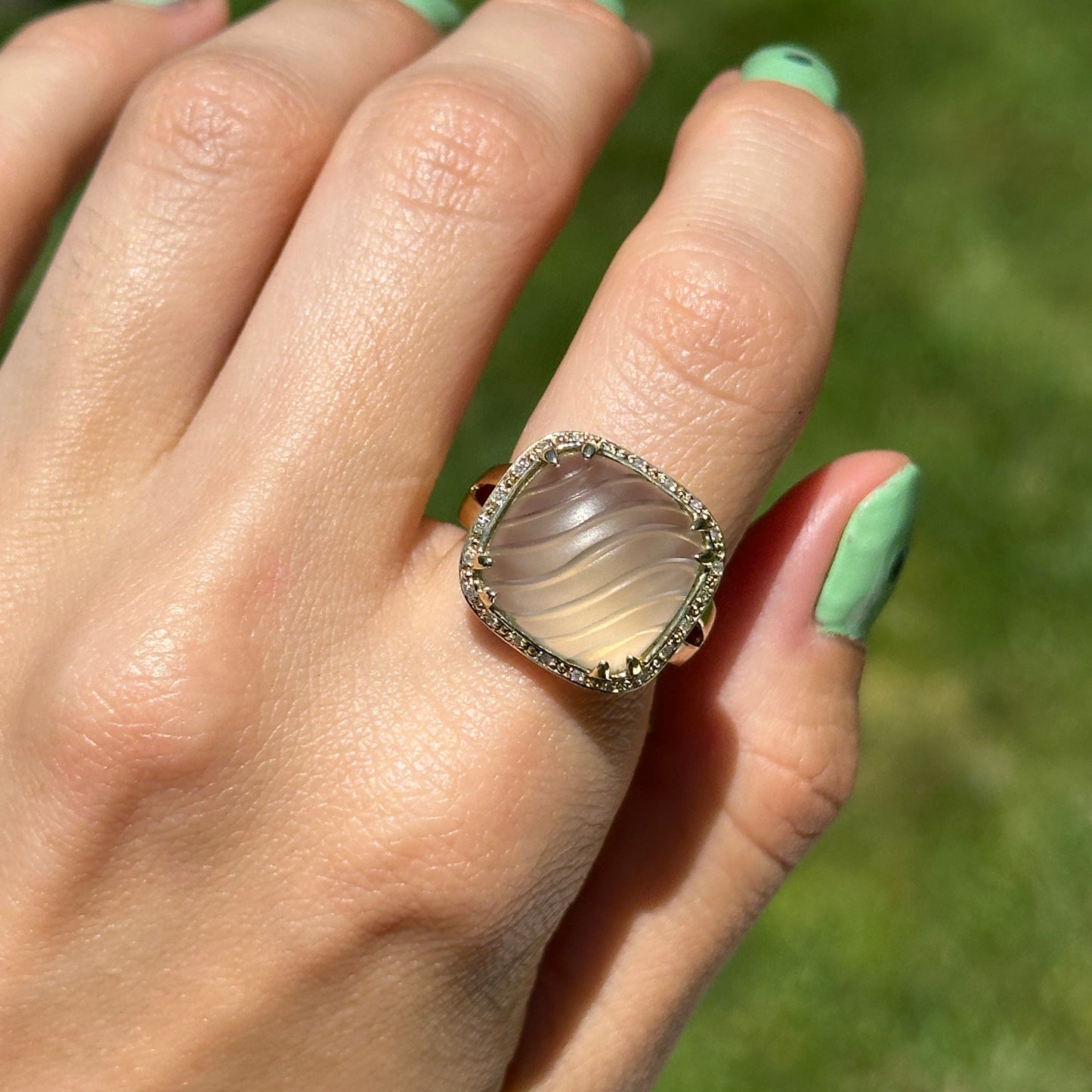 Estate 14KT Yellow Gold Faceted Frosted Green Amethyst + Diamond Ring