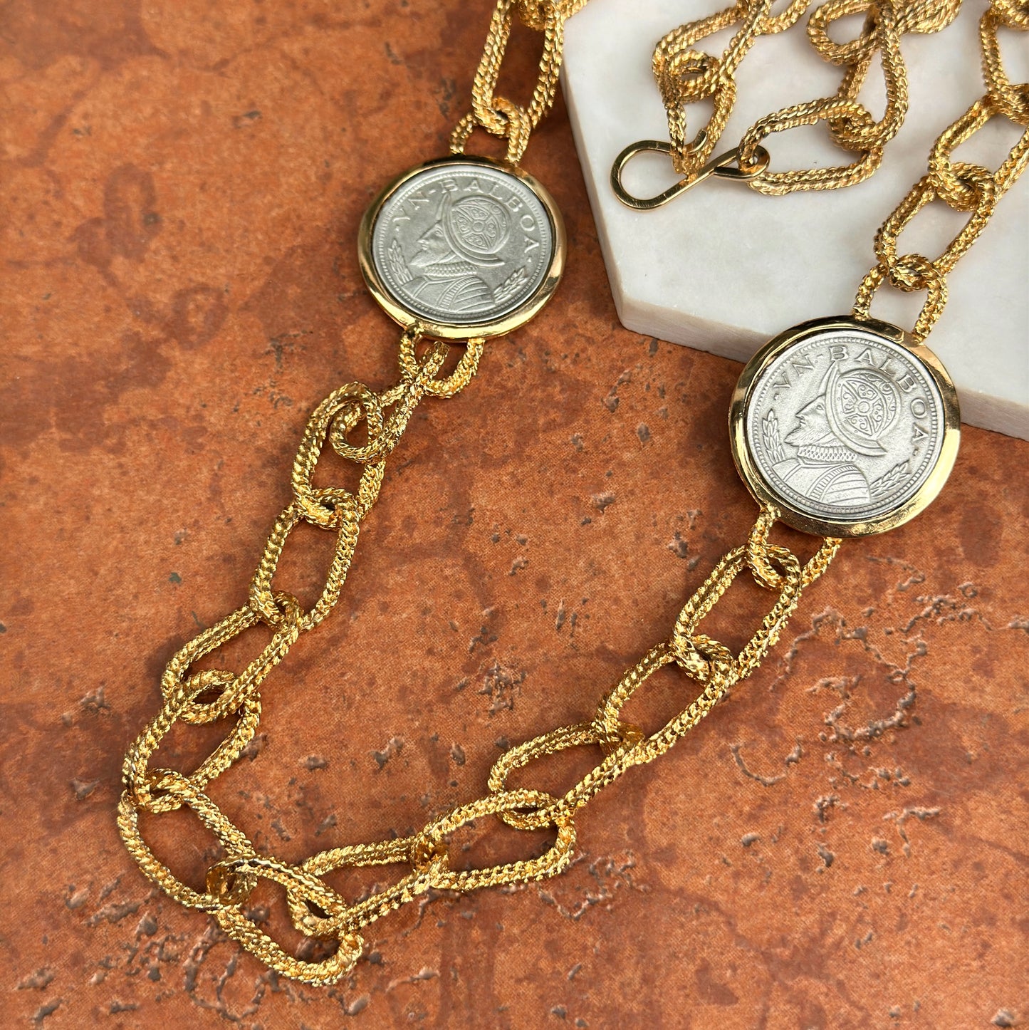 Estate Yellow Gold-Plated and Silver Tone Panama Balboa Coin Bezel Necklace 30”