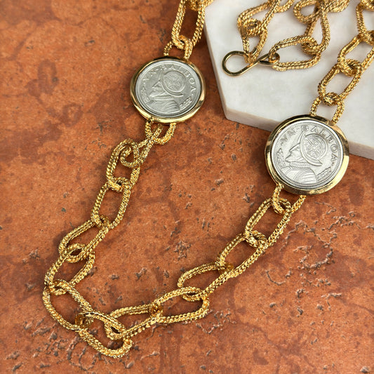 Estate Yellow Gold-Plated and Silver Tone Panama Balboa Coin Bezel Necklace 30”