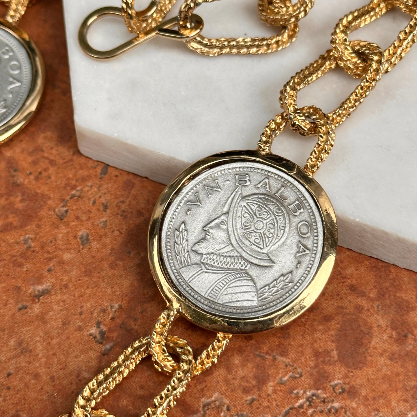 Estate Yellow Gold-Plated and Silver Tone Panama Balboa Coin Bezel Necklace 30”