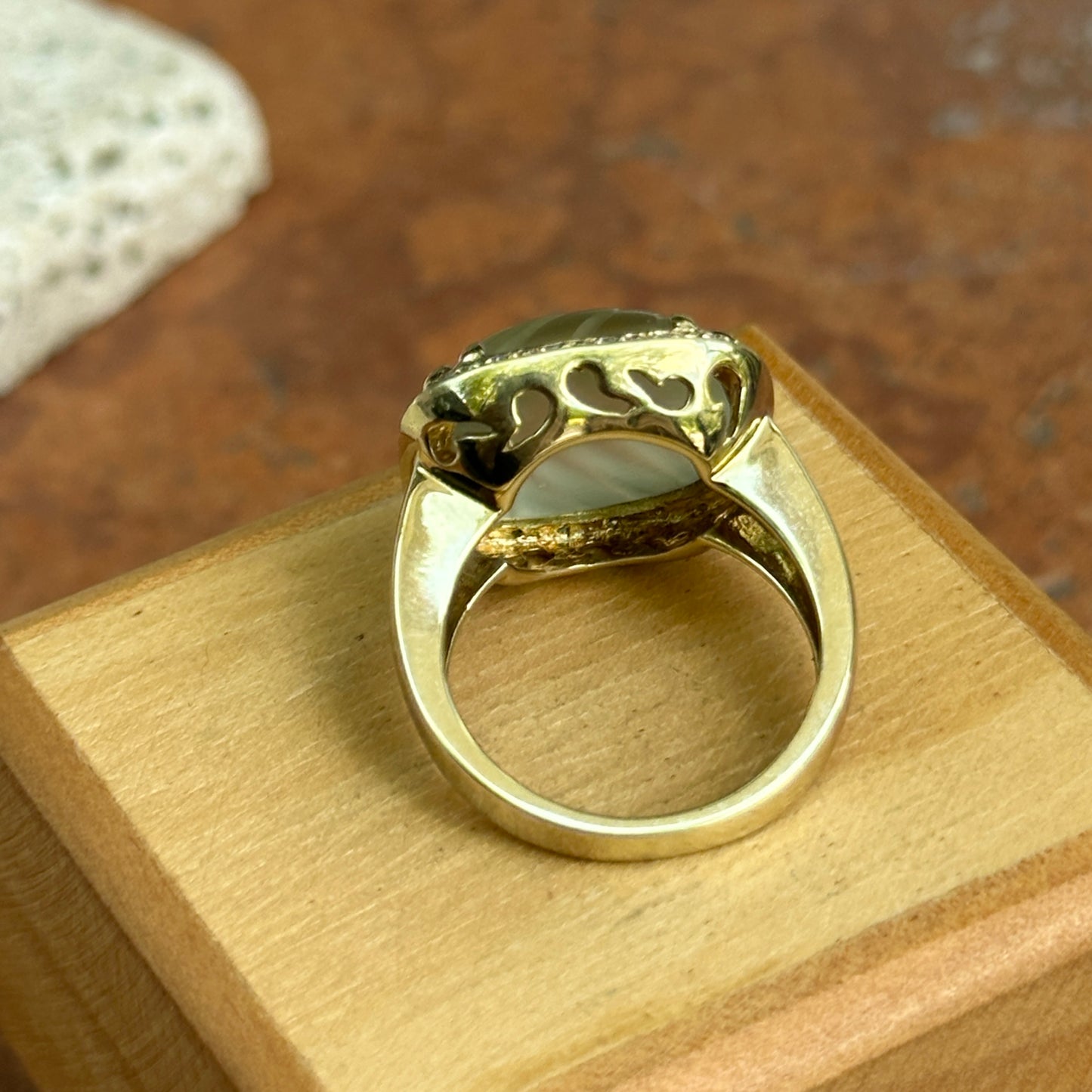 Estate 14KT Yellow Gold Faceted Frosted Green Amethyst + Diamond Ring