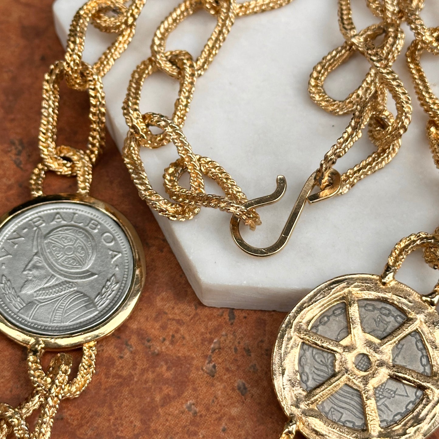 Estate Yellow Gold-Plated and Silver Tone Panama Balboa Coin Bezel Necklace 30”