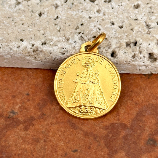18KT Yellow Gold Matte Our Lady of Covadonga Round Medal Pendant 18mm
