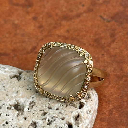 Estate 14KT Yellow Gold Faceted Frosted Green Amethyst + Diamond Ring