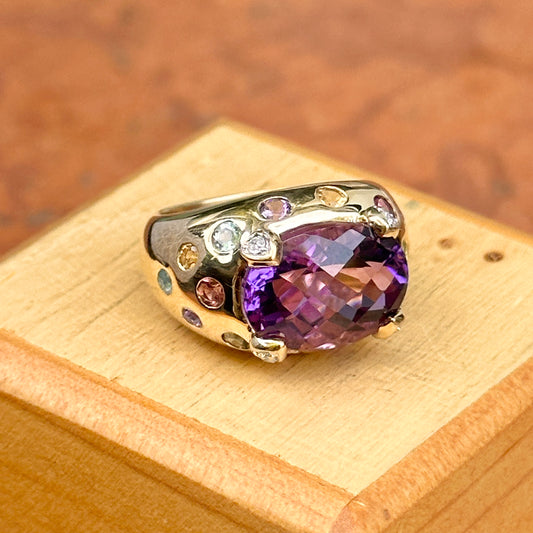 Estate 14KT Yellow Gold Oval Purple Amethyst, Multi-Gemstone, + Diamond Dome Ring