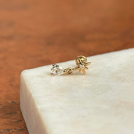 14K Yellow Gold Starburst Round Diamond + Pear Diamond Dangle Nose Stud