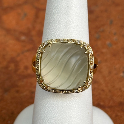 Estate 14KT Yellow Gold Faceted Frosted Green Amethyst + Diamond Ring
