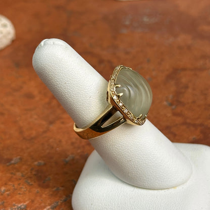 Estate 14KT Yellow Gold Faceted Frosted Green Amethyst + Diamond Ring