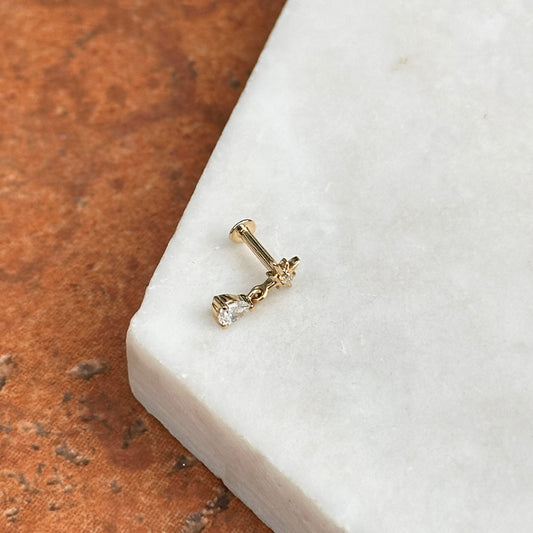 14K Yellow Gold Starburst Round Diamond + Pear Diamond Dangle Nose Stud
