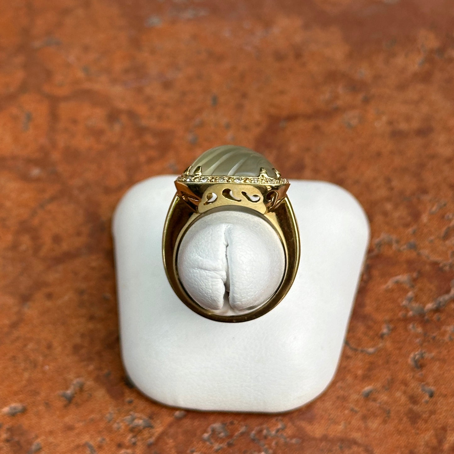 Estate 14KT Yellow Gold Faceted Frosted Green Amethyst + Diamond Ring