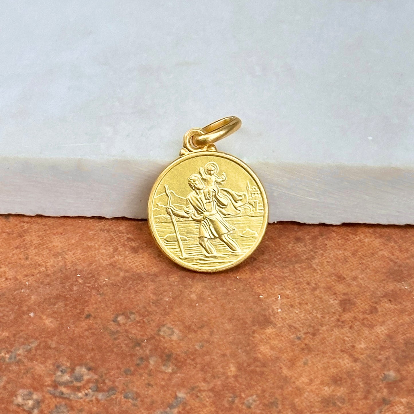 14KT Yellow Gold Matte St Christopher Round Medal Pendant 14mm