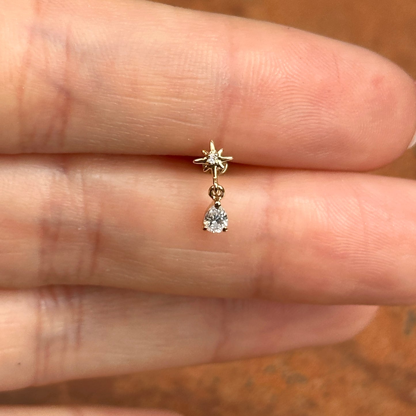 14K Yellow Gold Starburst Round Diamond + Pear Diamond Dangle Nose Stud