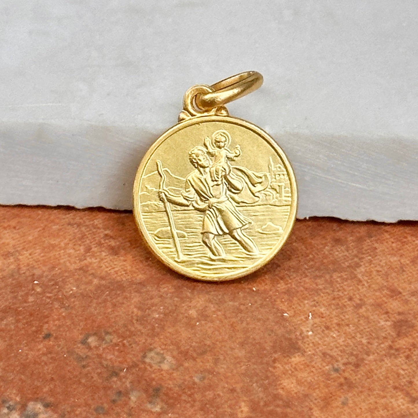 14KT Yellow Gold Matte St Christopher Round Medal Pendant 14mm