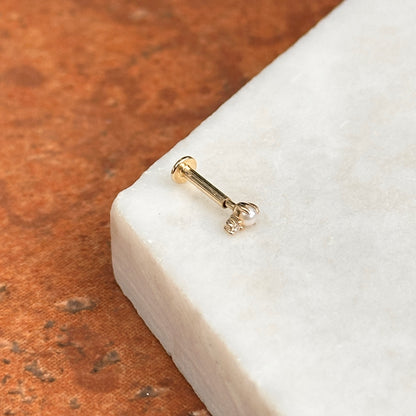 14K Yellow Gold Round Diamond + Pearl Small Nose Stud