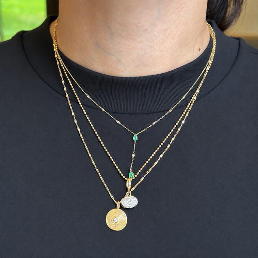 Estate 14KT Yellow Gold Pearl Emerald + Diamond Station Lariat Necklace