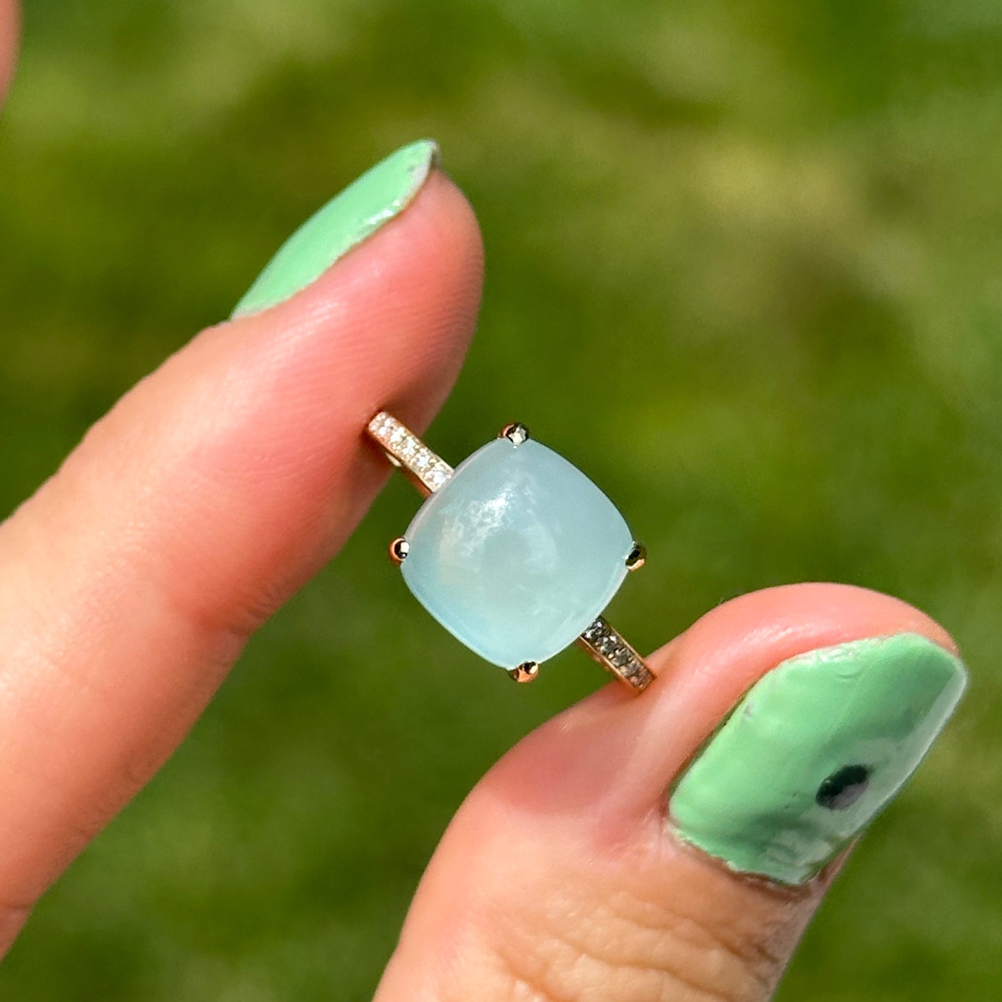 Estate 14KT Yellow Gold Cabochon Green Chalcedony + Diamond Ring