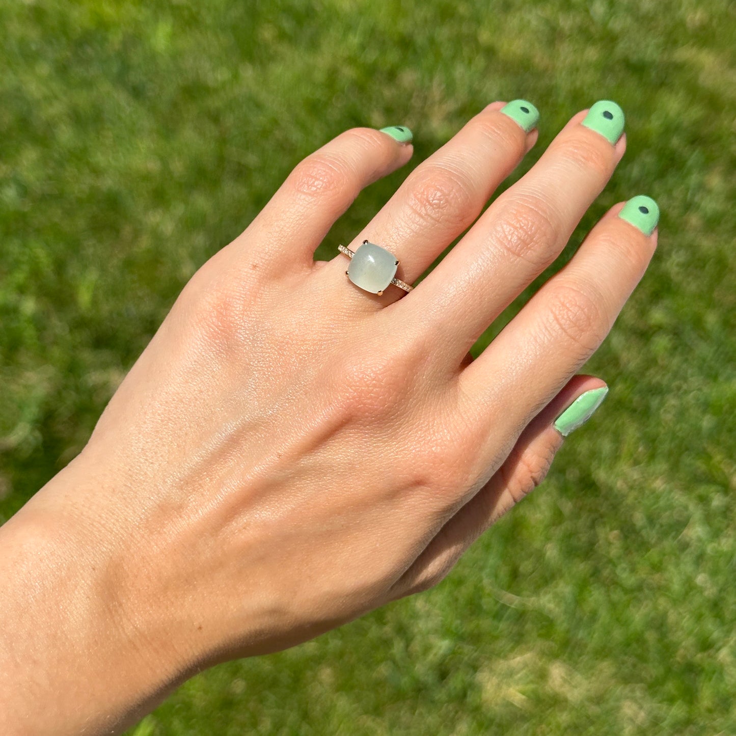 Estate 14KT Yellow Gold Cabochon Green Chalcedony + Diamond Ring