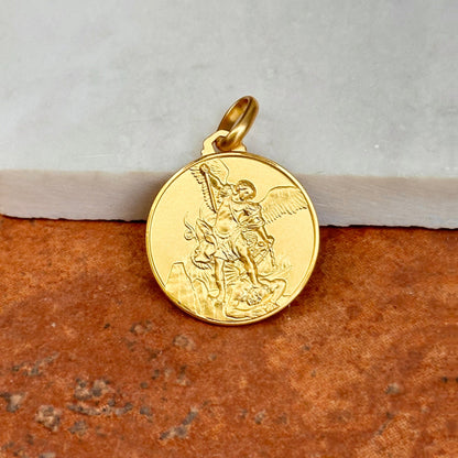 14KT Yellow Gold Matte St Michael Round Medal Pendant 21mm