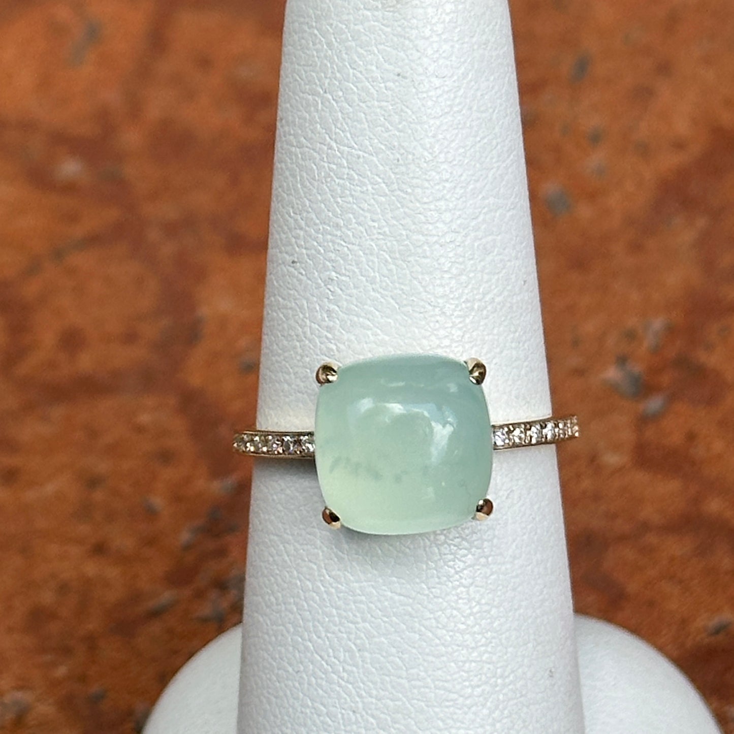 Estate 14KT Yellow Gold Cabochon Green Chalcedony + Diamond Ring