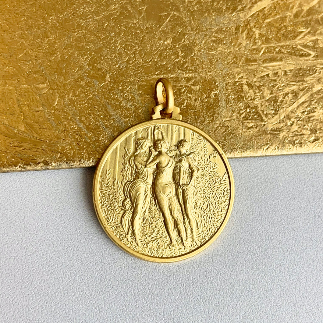 18KT Yellow Gold The Three Graces Matte Gold Medal Pendant 30mm