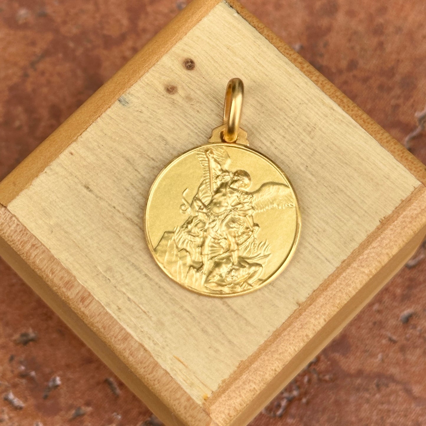 14KT Yellow Gold Matte St Michael Round Medal Pendant 21mm