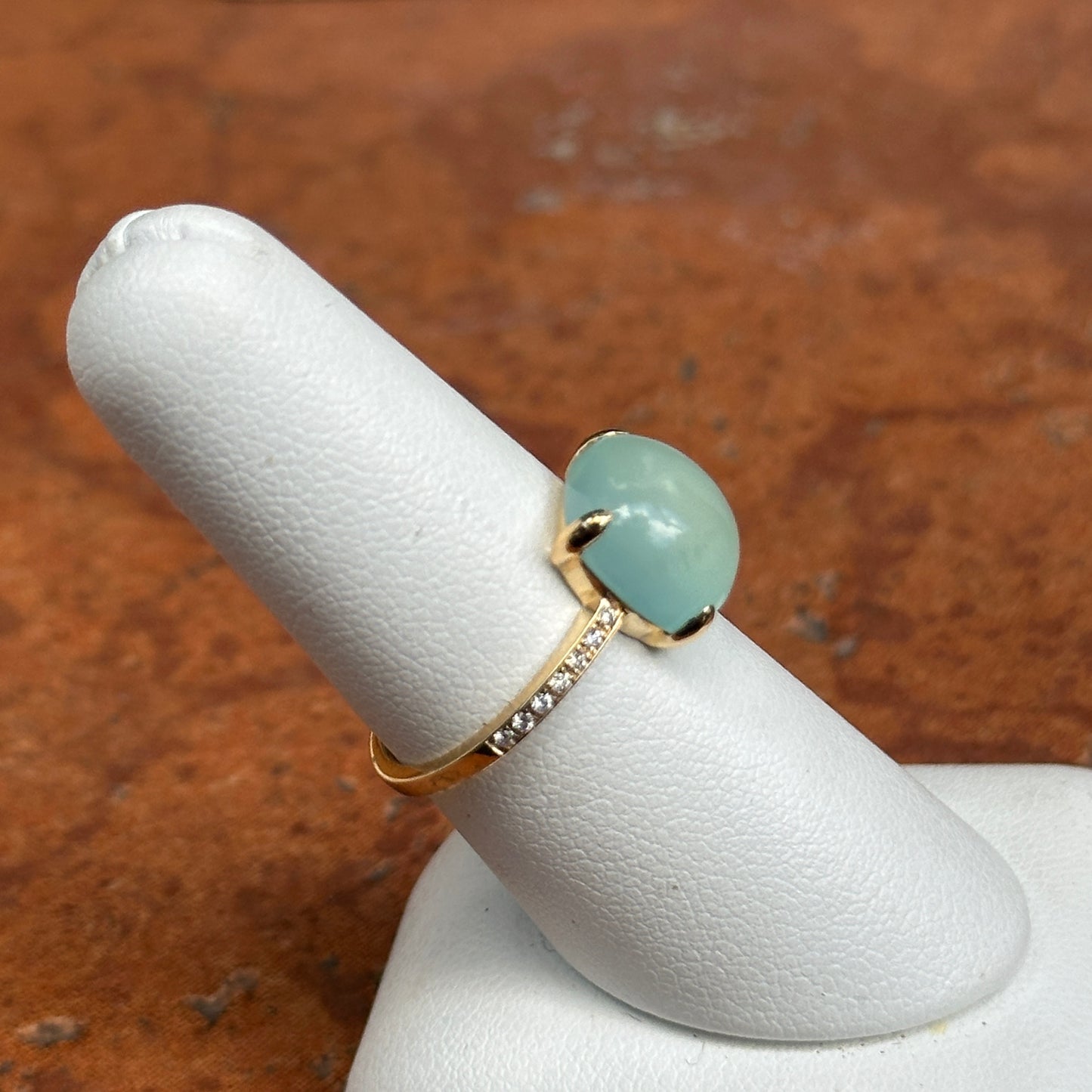 Estate 14KT Yellow Gold Cabochon Green Chalcedony + Diamond Ring