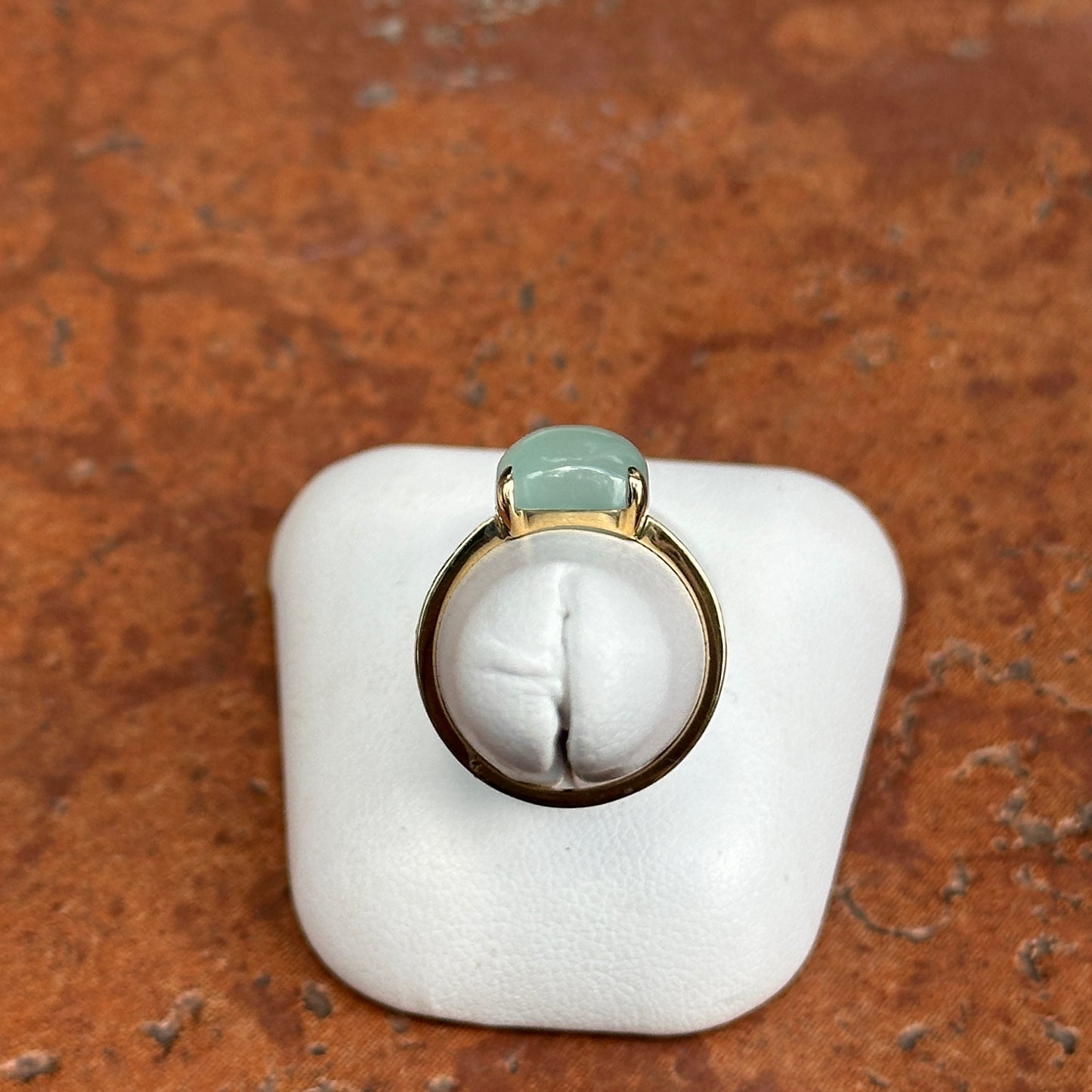 Estate 14KT Yellow Gold Cabochon Green Chalcedony + Diamond Ring