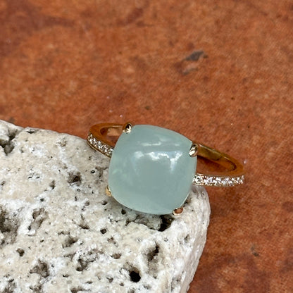 Estate 14KT Yellow Gold Cabochon Green Chalcedony + Diamond Ring