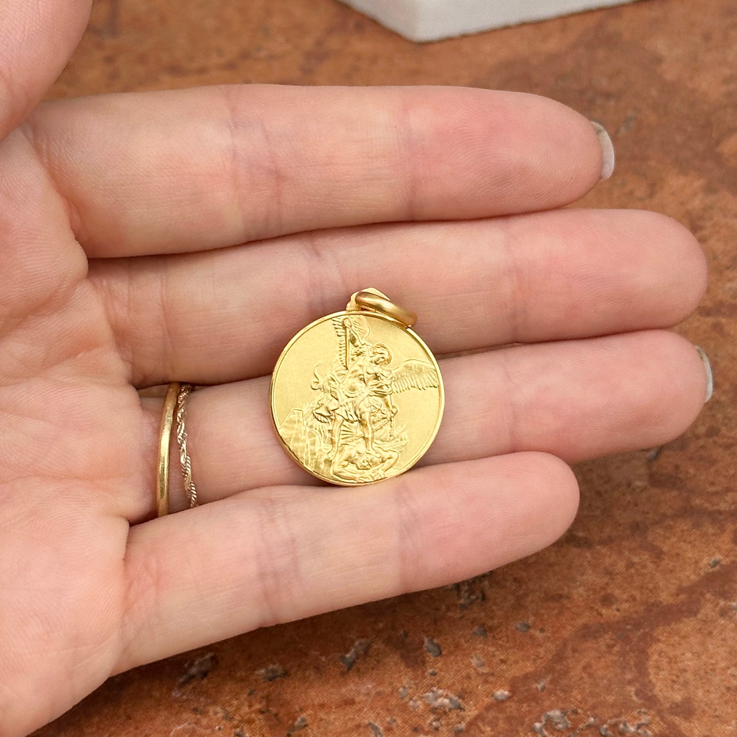 14KT Yellow Gold Matte St Michael Round Medal Pendant 21mm