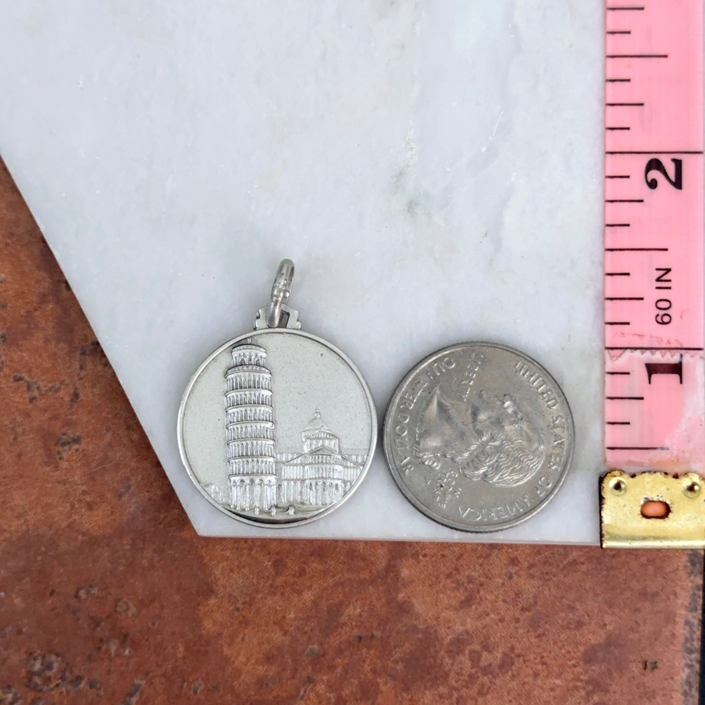 Sterling Silver Antiqued Leaning Tower of Pisa Medal Pendant 25mm